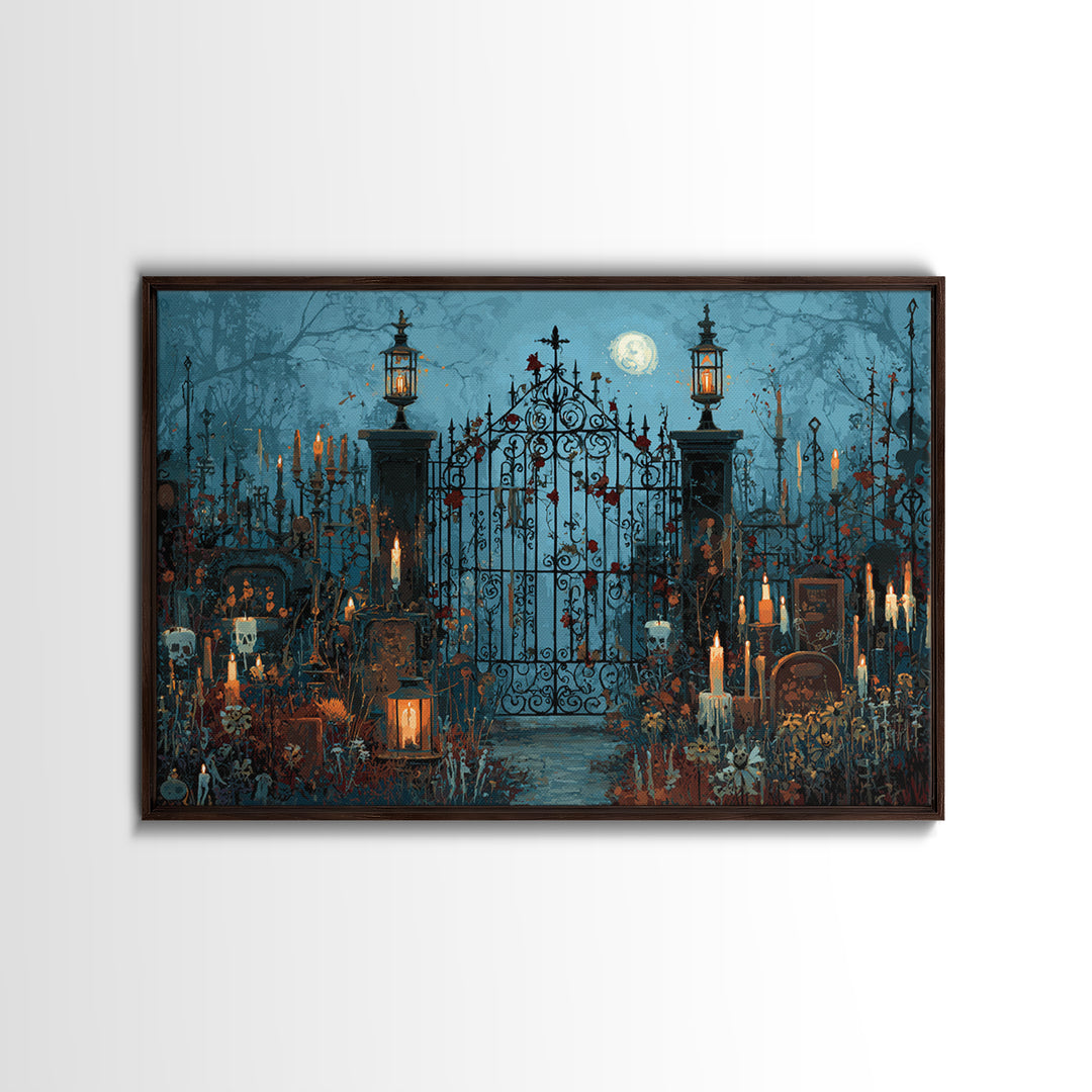 The Black Rose Cemetery Gate - Occult Still Life, Macabre Halloween Art, Landscape Wall Art, Framed Canvas Print, Halloween Home Decor
