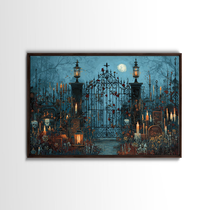 The Black Rose Cemetery Gate - Occult Still Life, Macabre Halloween Art, Landscape Wall Art, Framed Canvas Print, Halloween Home Decor