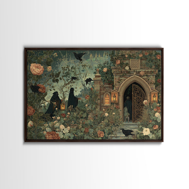 The Black Rose Cemetery Gate - Procession Scene, Macabre Halloween Art, Landscape Wall Art, Framed Canvas Print, Halloween Home Decor