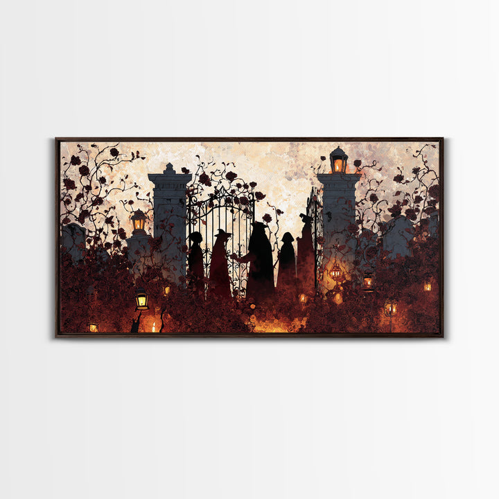 The Black Rose Cemetery Gate - Procession Scene, Spooky Wall Decor, Wide Panoramic Art, Framed Canvas Print, Halloween Home Decor