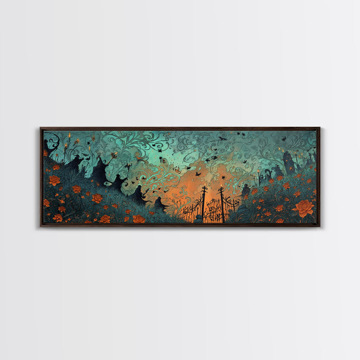 The Black Rose Cemetery Gate - Procession Scene, Dark Fantasy Wall Art, Extra Wide Wall Art, Canvas Print, Halloween Home Decor