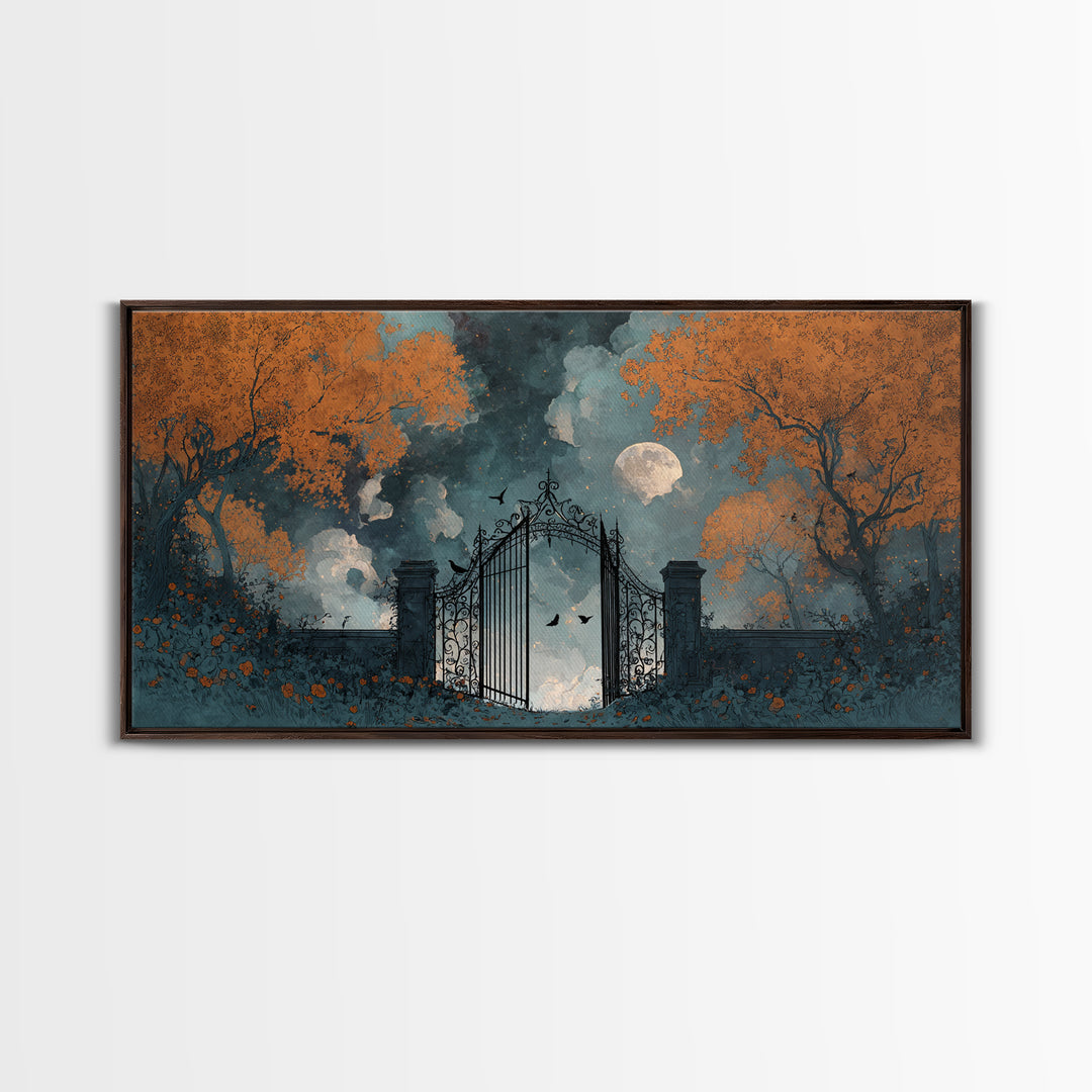 The Black Rose Cemetery Gate - Surreal Celestial Vision, Occult Wall Decor, Wide Panoramic Art, Canvas Print, Halloween Home Decor