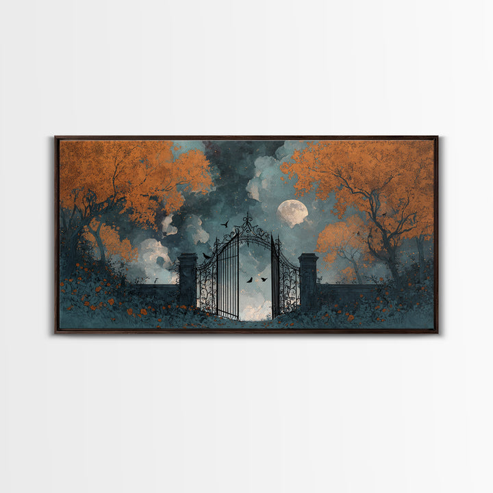 The Black Rose Cemetery Gate - Surreal Celestial Vision, Occult Wall Decor, Wide Panoramic Art, Canvas Print, Halloween Home Decor