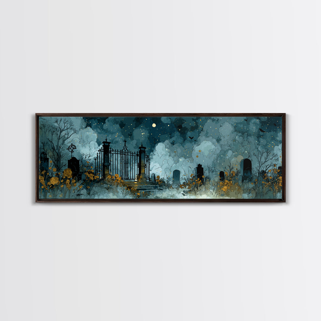 The Black Rose Cemetery Gate - Surreal Celestial Vision, Halloween Wall Art, Extra Wide Wall Art, Framed Canvas Print, Halloween Home Decor
