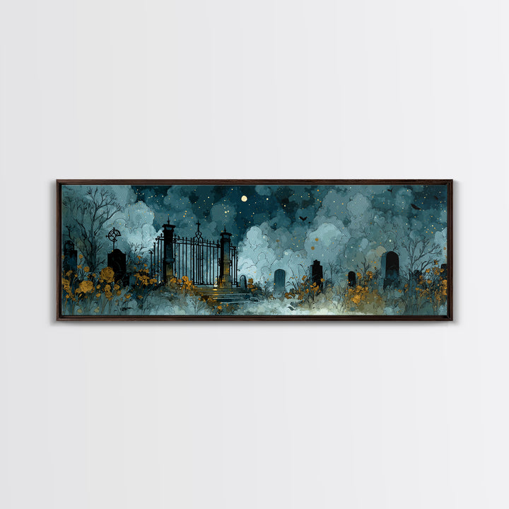 The Black Rose Cemetery Gate - Surreal Celestial Vision, Halloween Wall Art, Extra Wide Wall Art, Framed Canvas Print, Halloween Home Decor