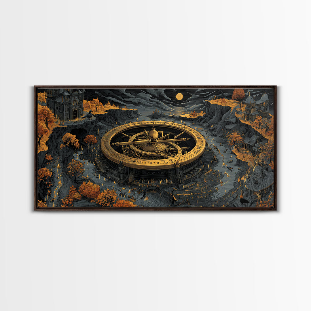 The Cursed Astrolabe - Environmental Panorama, Spooky Wall Decor, Wide Panoramic Art, Framed Canvas Print, Halloween Home Decor