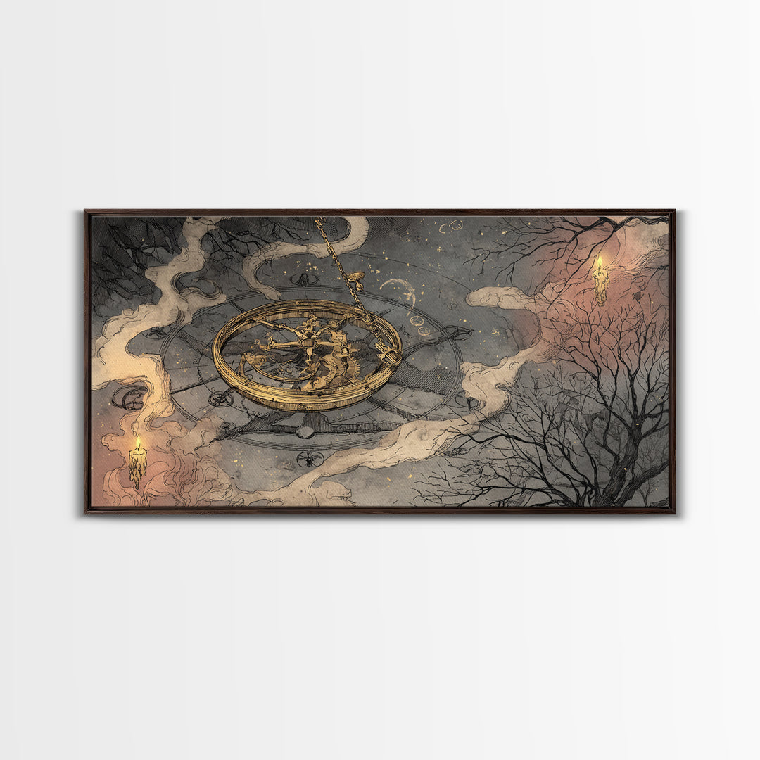 The Cursed Astrolabe - Surreal Celestial Vision, Halloween Wall Art, Wide Panoramic Art, Framed Canvas Print, Halloween Home Decor