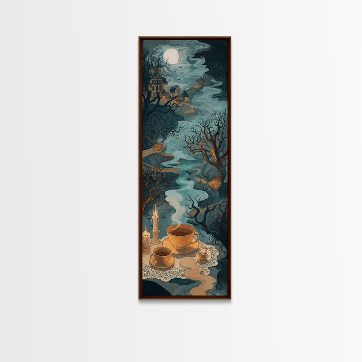 The Haunted Teacup Seance - Environmental Panorama, Spooky Wall Decor, Tall Narrow Wall Art, Framed Canvas Print, Halloween Home Decor