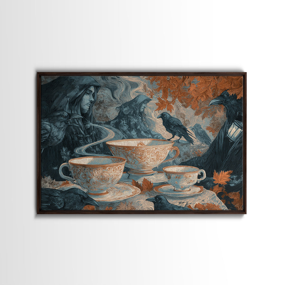 The Haunted Teacup Seance - Procession Scene, Macabre Halloween Art, Landscape Wall Art, Framed Canvas Print, Halloween Home Decor