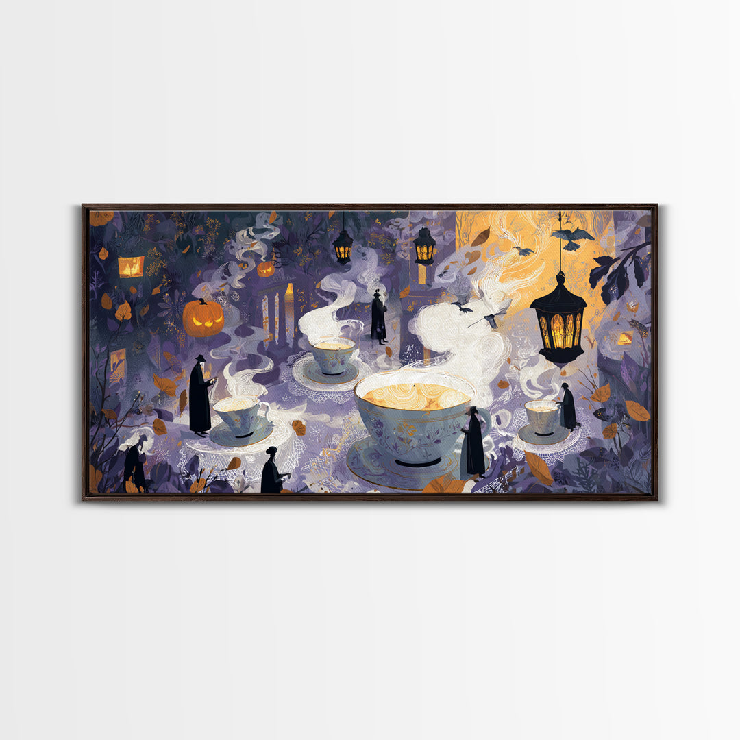 The Haunted Teacup Seance - Procession Scene, Dark Fantasy Wall Art, Wide Panoramic Art, Canvas Print, Halloween Home Decor, Gothic Wall Art