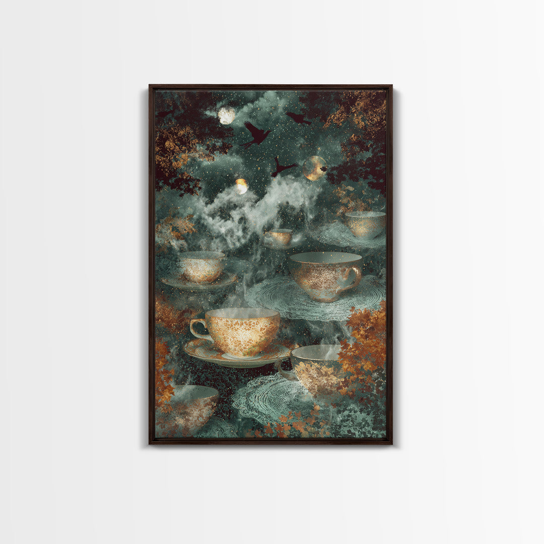 The Haunted Teacup Seance - Surreal Celestial Vision, Gothic Home Decor, Vertical Wall Art, Canvas Print, Halloween Home Decor