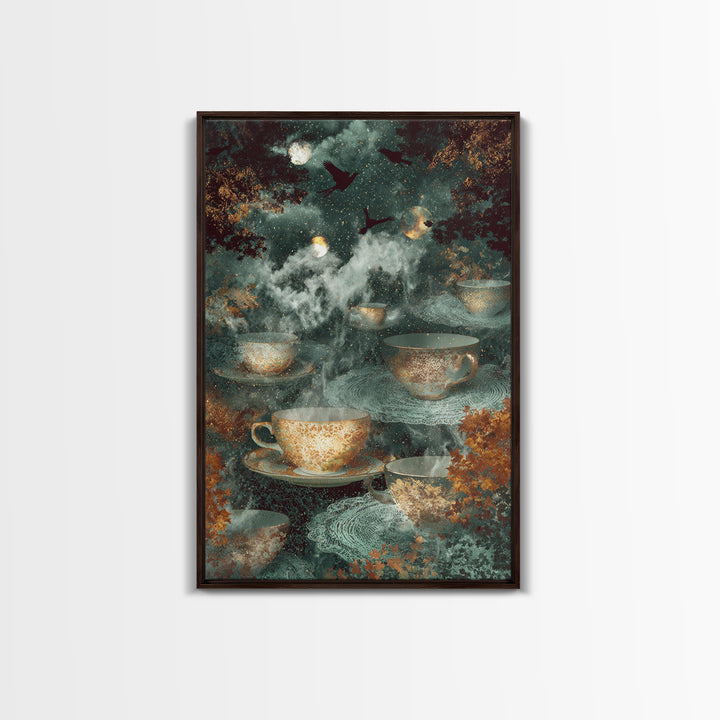 The Haunted Teacup Seance - Surreal Celestial Vision, Gothic Home Decor, Vertical Wall Art, Canvas Print, Halloween Home Decor