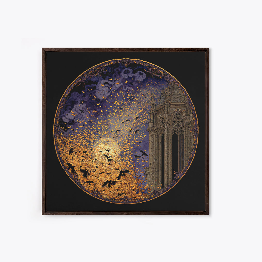 The Golden Bat Swarm - Icon Portrait, Gothic Home Decor, Square Wall Art, Canvas Print, Halloween Home Decor, Gothic Wall Art