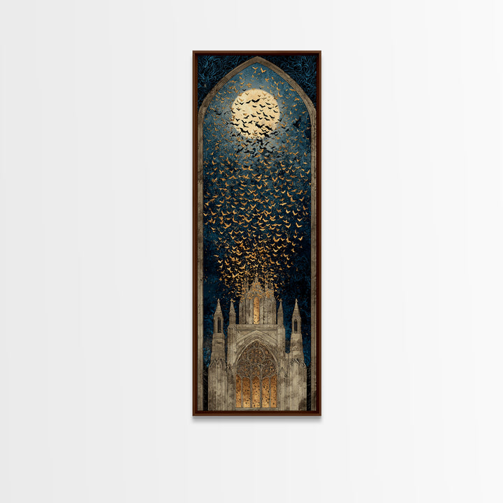 The Golden Bat Swarm - Icon Portrait, Macabre Halloween Art, Tall Narrow Wall Art, Framed Canvas Print, Halloween Home Decor