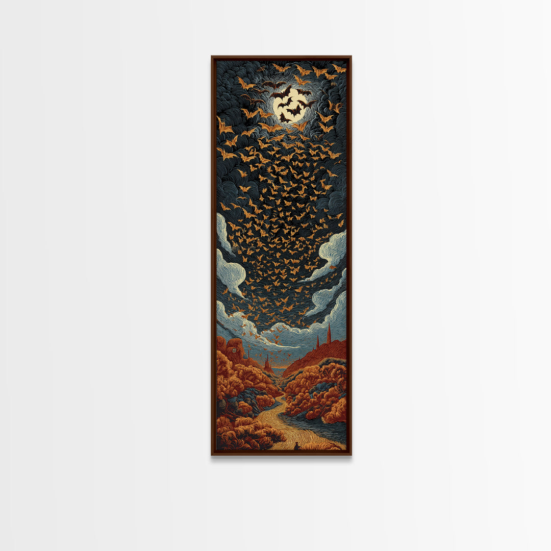The Golden Bat Swarm - Environmental Panorama, Halloween Wall Art, Tall Narrow Wall Art, Framed Canvas Print, Halloween Home Decor