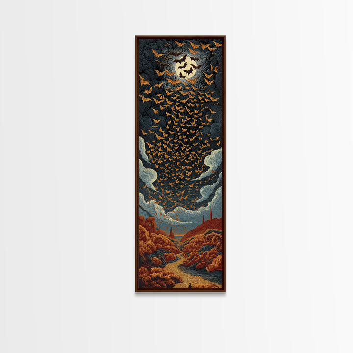 The Golden Bat Swarm - Environmental Panorama, Halloween Wall Art, Tall Narrow Wall Art, Framed Canvas Print, Halloween Home Decor