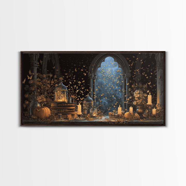 The Golden Bat Swarm - Occult Still Life, Gothic Home Decor, Wide Panoramic Art, Canvas Print, Halloween Home Decor, Gothic Wall Art