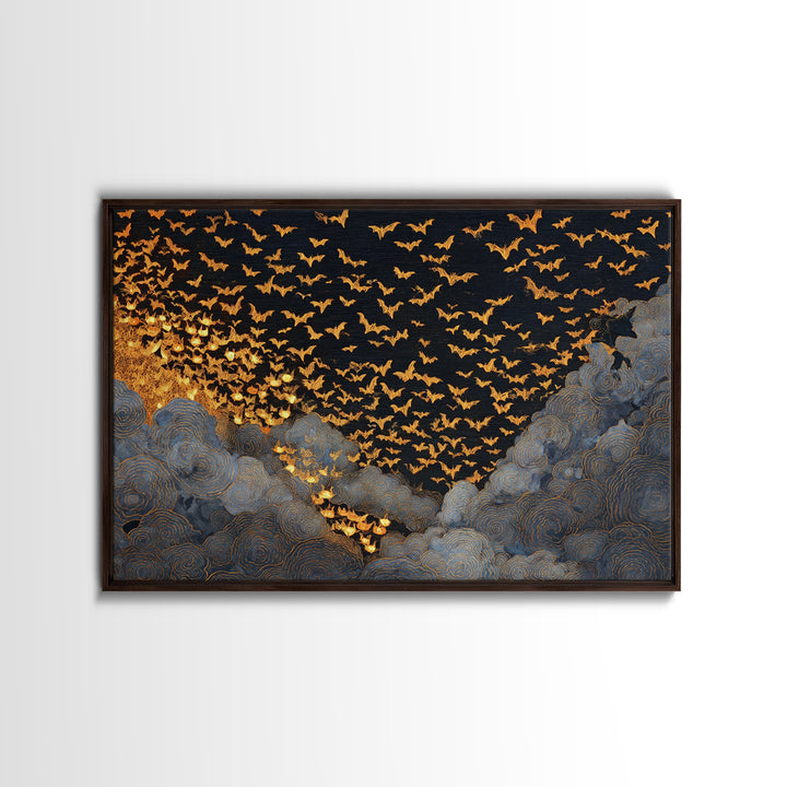 The Golden Bat Swarm - Procession Scene, Spooky Wall Decor, Landscape Wall Art, Framed Canvas Print, Halloween Home Decor, Gothic Wall Art