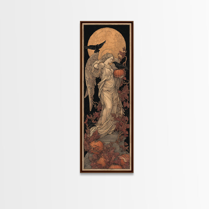 The Pumpkin-Winged Angel - Icon Portrait, Spooky Wall Decor, Tall Narrow Wall Art, Framed Canvas Print, Halloween Home Decor