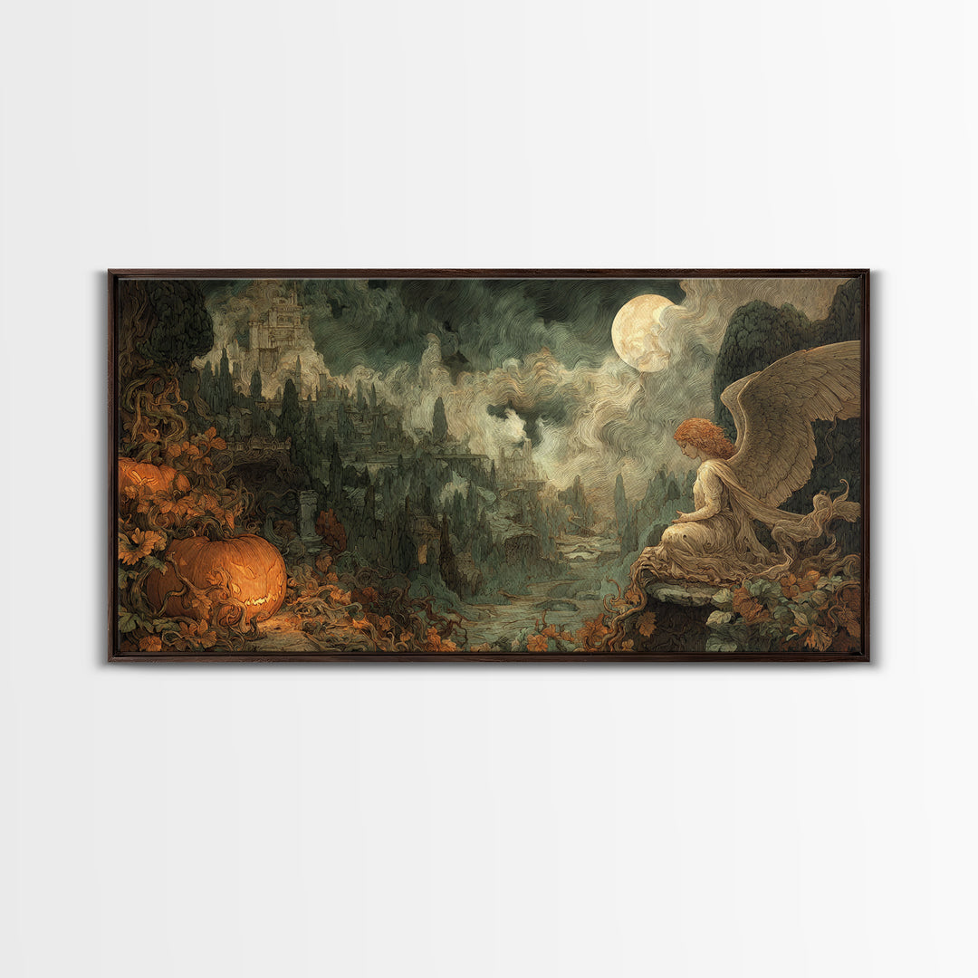 The Pumpkin-Winged Angel - Environmental Panorama, Dark Fantasy Wall Art, Wide Panoramic Art, Canvas Print, Halloween Home Decor