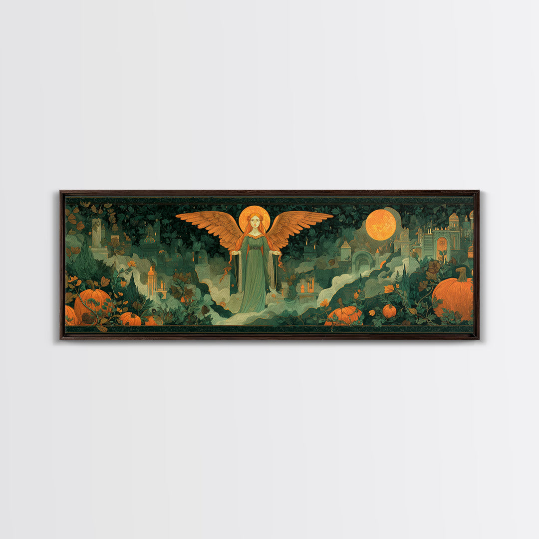 The Pumpkin-Winged Angel - Environmental Panorama, Occult Wall Decor, Extra Wide Wall Art, Canvas Print, Halloween Home Decor