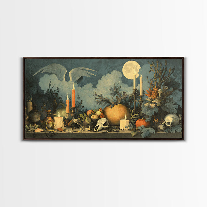 The Pumpkin-Winged Angel - Occult Still Life, Spooky Wall Decor, Wide Panoramic Art, Framed Canvas Print, Halloween Home Decor