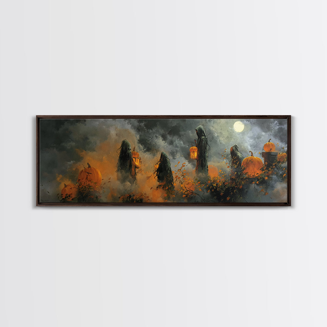 The Pumpkin-Winged Angel - Procession Scene, Macabre Halloween Art, Extra Wide Wall Art, Framed Canvas Print, Halloween Home Decor