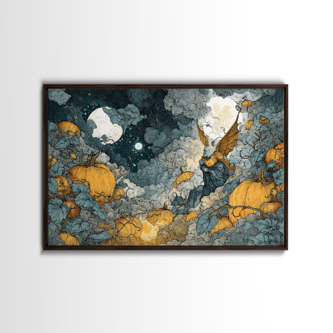 The Pumpkin-Winged Angel - Surreal Celestial Vision, Spooky Wall Decor, Landscape Wall Art, Framed Canvas Print, Halloween Home Decor