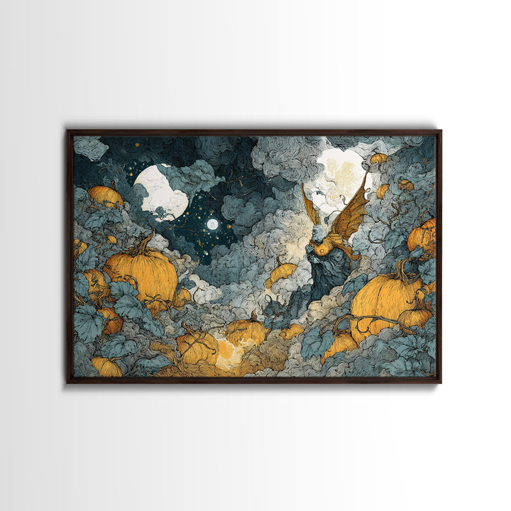 The Pumpkin-Winged Angel - Surreal Celestial Vision, Spooky Wall Decor, Landscape Wall Art, Framed Canvas Print, Halloween Home Decor