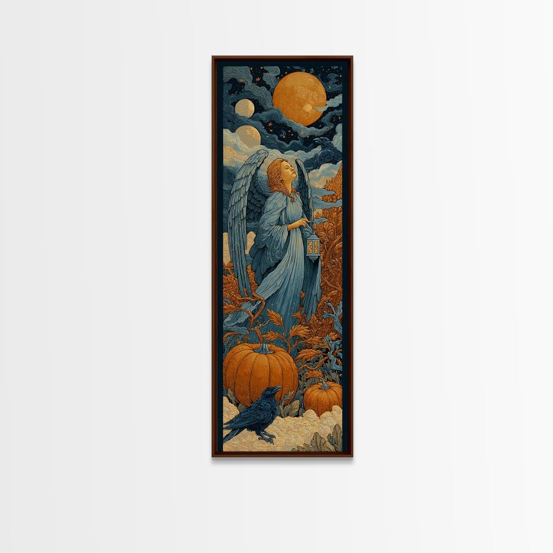 The Pumpkin-Winged Angel - Surreal Celestial Vision, Spooky Wall Decor, Tall Narrow Wall Art, Framed Canvas Print, Halloween Home Decor
