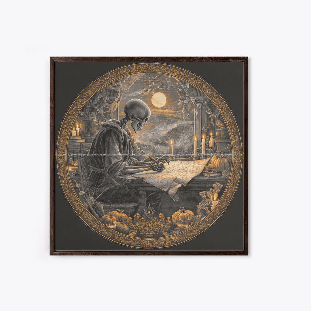 The Skeleton Cartographer - Icon Portrait, Macabre Halloween Art, Square Wall Art, Framed Canvas Print, Halloween Home Decor