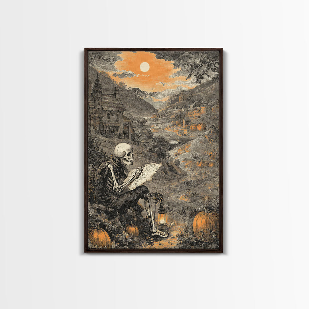 The Skeleton Cartographer - Environmental Panorama, Gothic Home Decor, Vertical Wall Art, Canvas Print, Halloween Home Decor