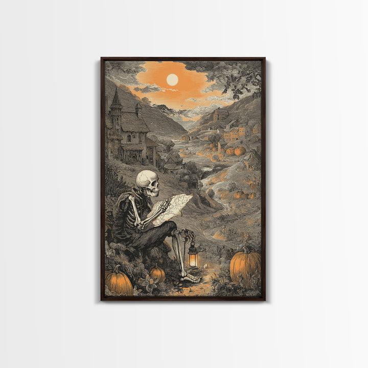 The Skeleton Cartographer - Environmental Panorama, Gothic Home Decor, Vertical Wall Art, Canvas Print, Halloween Home Decor