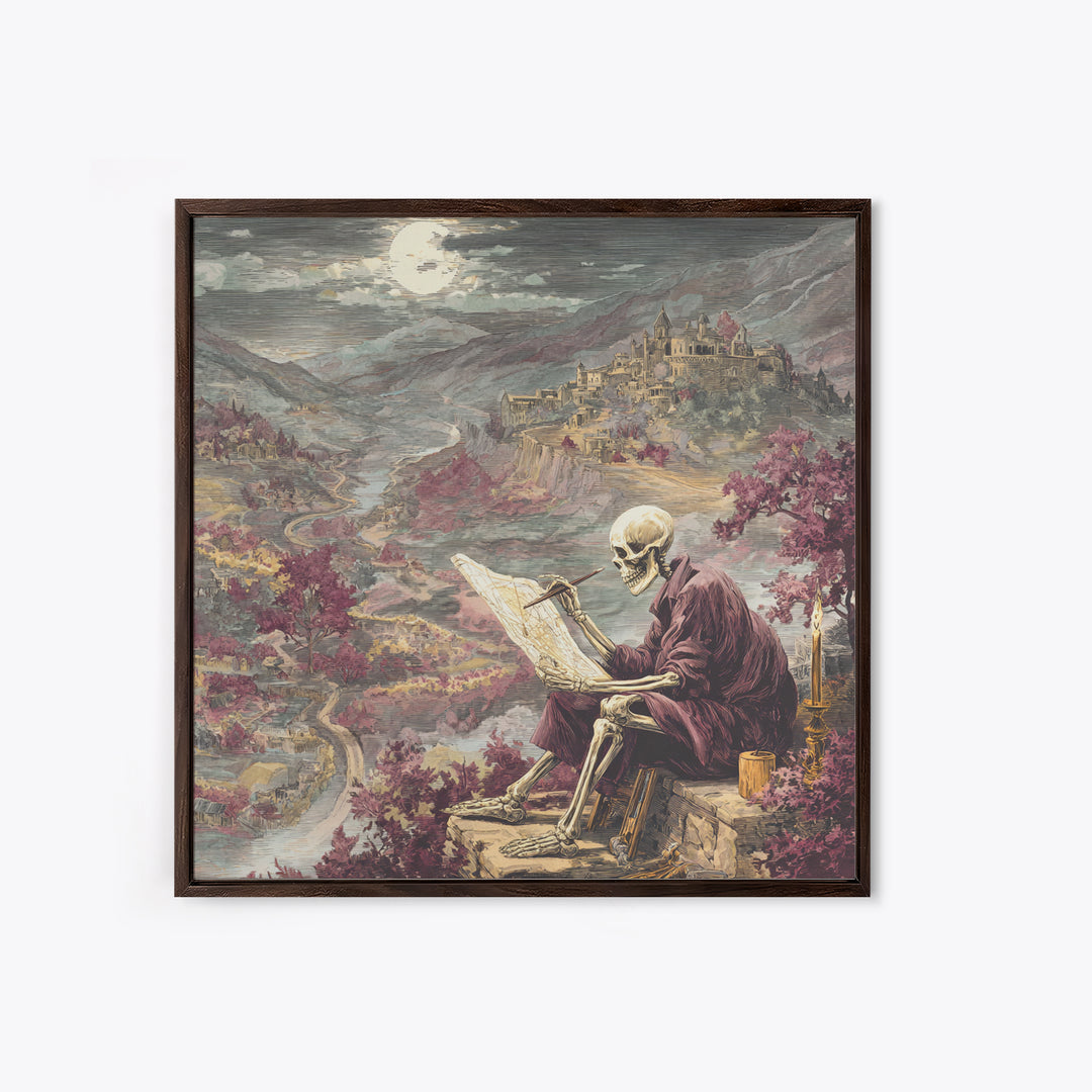 The Skeleton Cartographer - Environmental Panorama, Halloween Wall Art, Square Wall Art, Framed Canvas Print, Halloween Home Decor