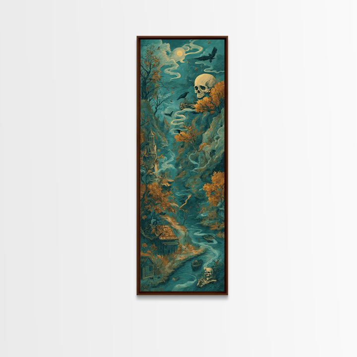 The Skeleton Cartographer - Environmental Panorama, Dark Fantasy Wall Art, Tall Narrow Wall Art, Canvas Print, Halloween Home Decor