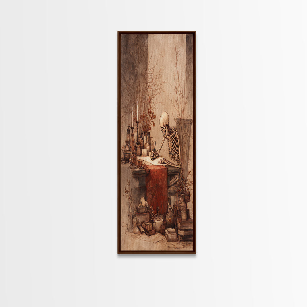 The Skeleton Cartographer - Occult Still Life, Macabre Halloween Art, Vertical Wall Art, Framed Canvas Print, Halloween Home Decor