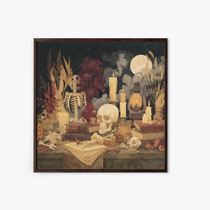 The Skeleton Cartographer - Occult Still Life, Macabre Halloween Art, Square Wall Art, Framed Canvas Print, Halloween Home Decor