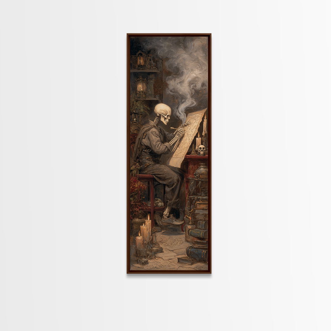 The Skeleton Cartographer - Occult Still Life, Halloween Wall Art, Tall Narrow Wall Art, Framed Canvas Print, Halloween Home Decor