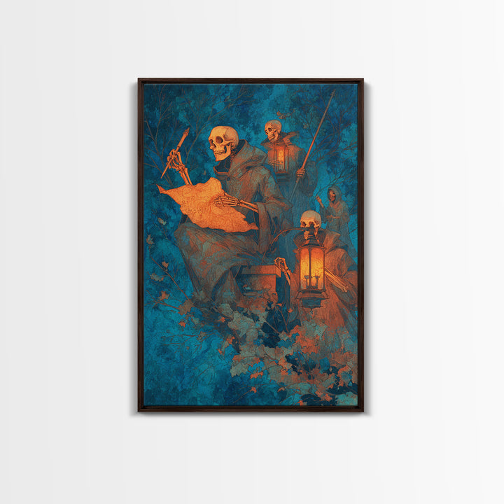 The Skeleton Cartographer - Procession Scene, Dark Fantasy Wall Art, Vertical Wall Art, Canvas Print, Halloween Home Decor, Gothic Wall Art