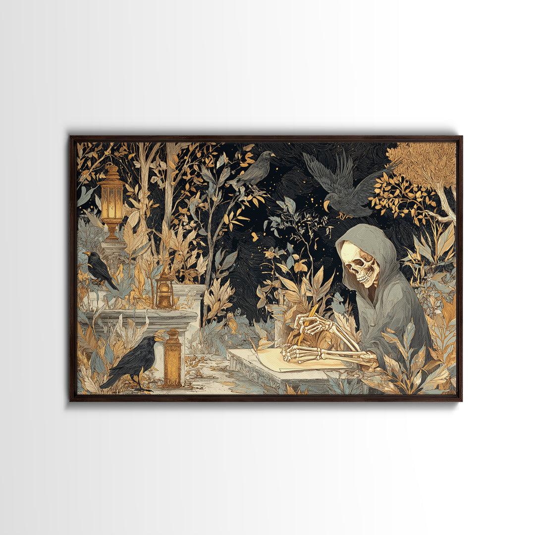 The Skeleton Cartographer - Procession Scene, Halloween Wall Art, Landscape Wall Art, Framed Canvas Print, Halloween Home Decor