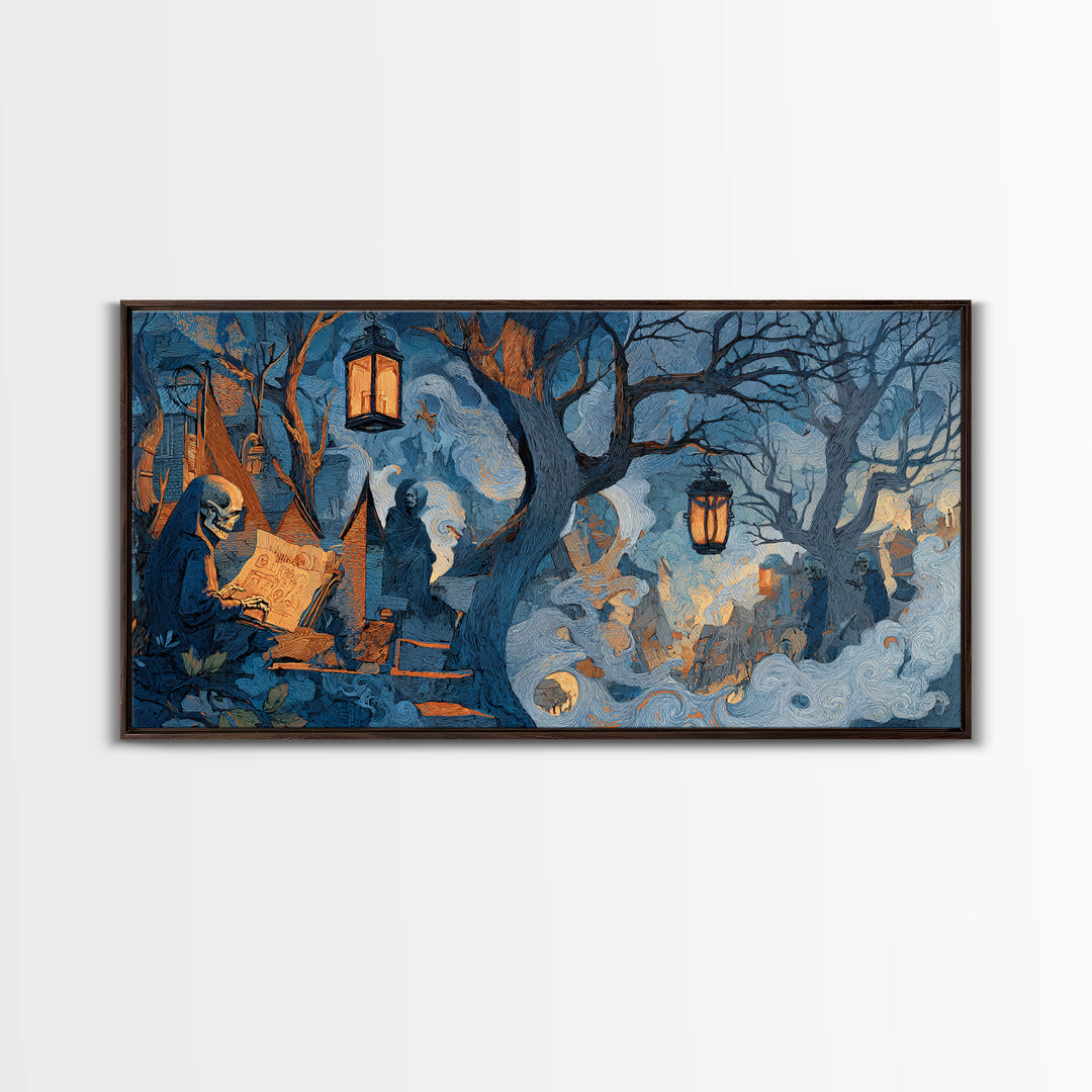 The Skeleton Cartographer - Procession Scene, Macabre Halloween Art, Wide Panoramic Art, Framed Canvas Print, Halloween Home Decor