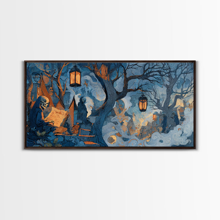 The Skeleton Cartographer - Procession Scene, Macabre Halloween Art, Wide Panoramic Art, Framed Canvas Print, Halloween Home Decor