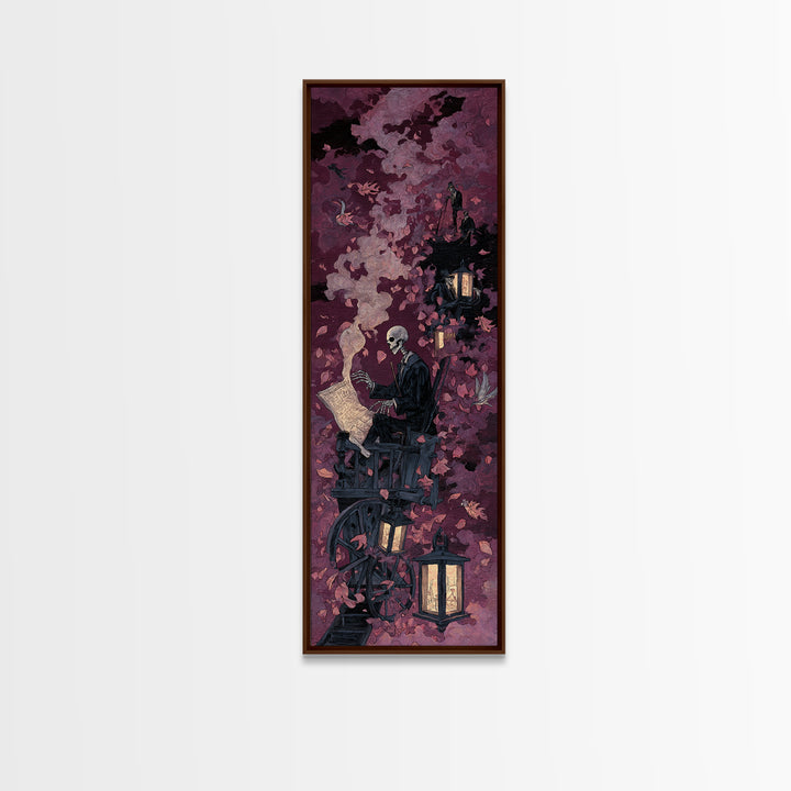 The Skeleton Cartographer - Procession Scene, Macabre Halloween Art, Tall Narrow Wall Art, Framed Canvas Print, Halloween Home Decor