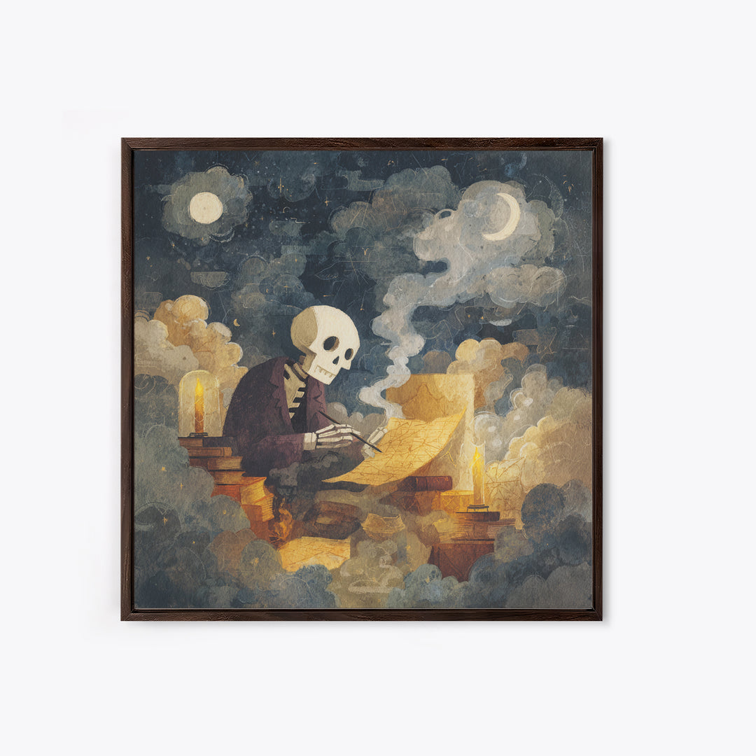 The Skeleton Cartographer - Surreal Celestial Vision, Macabre Halloween Art, Square Wall Art, Framed Canvas Print, Halloween Home Decor