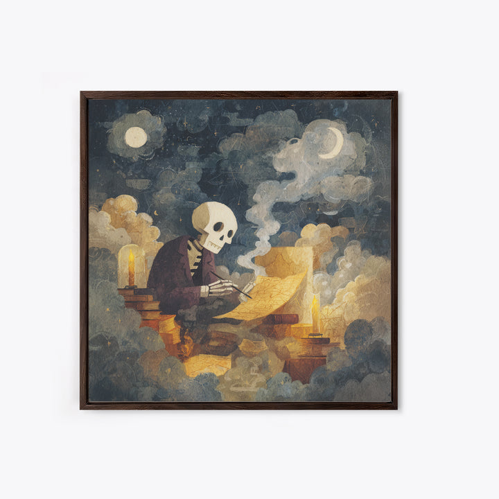 The Skeleton Cartographer - Surreal Celestial Vision, Macabre Halloween Art, Square Wall Art, Framed Canvas Print, Halloween Home Decor