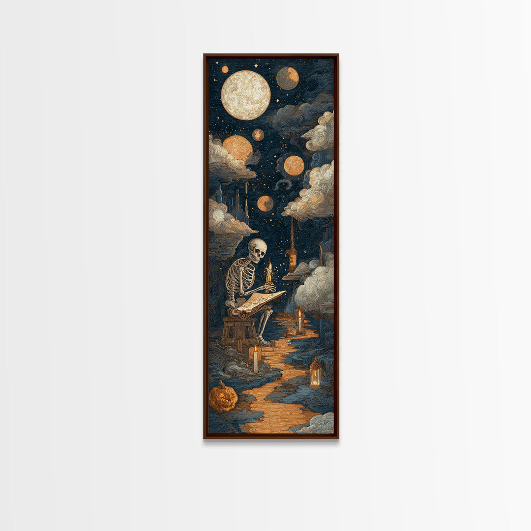 The Skeleton Cartographer - Surreal Celestial Vision, Halloween Wall Art, Tall Narrow Wall Art, Framed Canvas Print, Halloween Home Decor