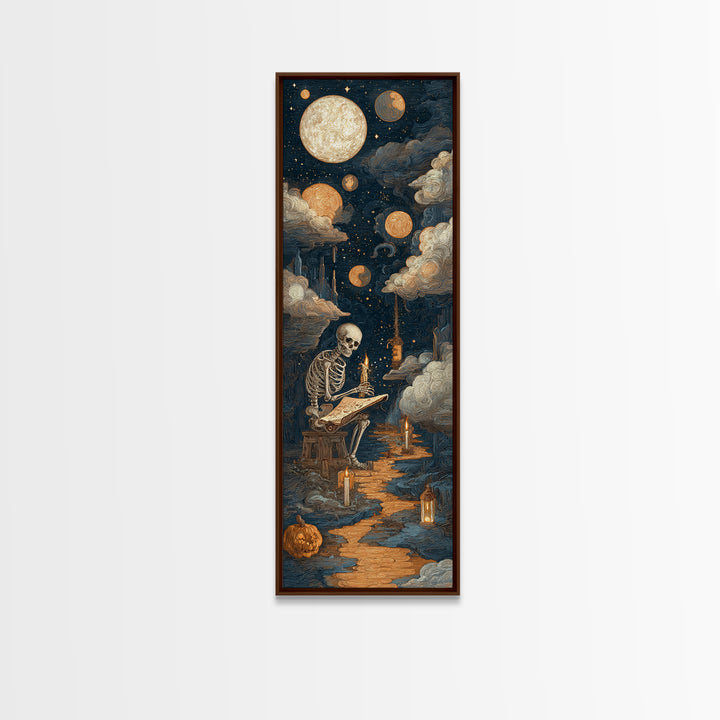 The Skeleton Cartographer - Surreal Celestial Vision, Halloween Wall Art, Tall Narrow Wall Art, Framed Canvas Print, Halloween Home Decor