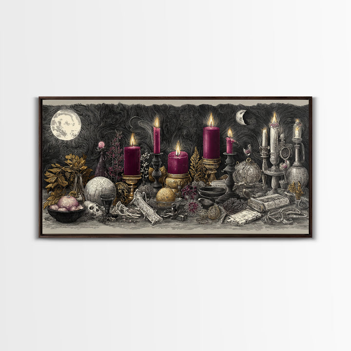 The Witch Astronomical Cabinet - Occult Still Life, Macabre Halloween Art, Wide Panoramic Art, Framed Canvas Print, Halloween Home Decor