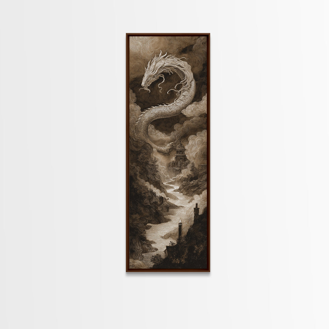 The Candle Smoke Dragon - Environmental Panorama, Macabre Halloween Art, Tall Narrow Wall Art, Framed Canvas Print, Halloween Home Decor