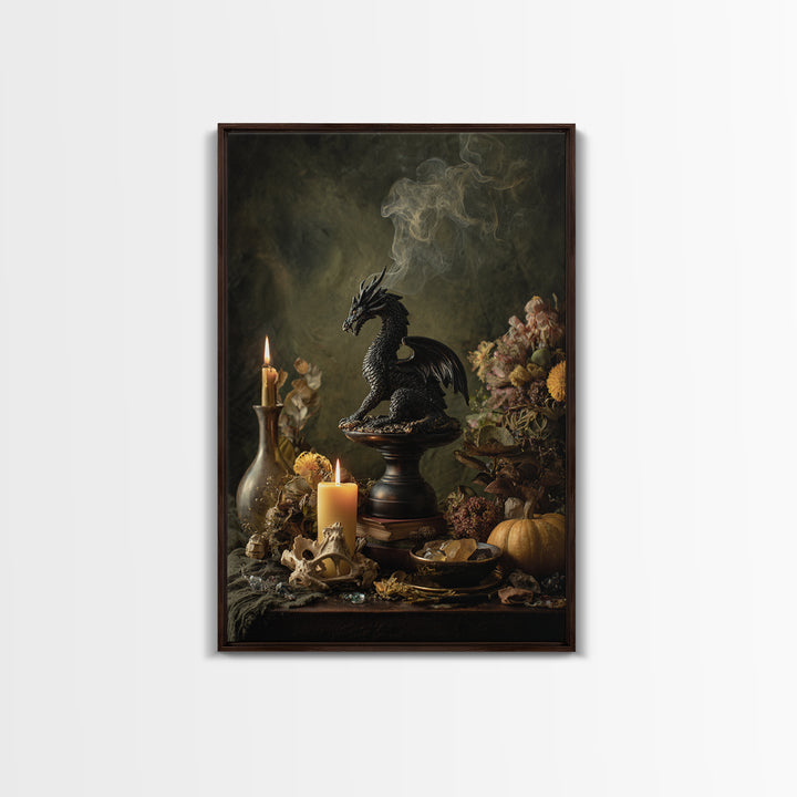 The Candle Smoke Dragon - Occult Still Life, Spooky Wall Decor, Vertical Wall Art, Framed Canvas Print, Halloween Home Decor